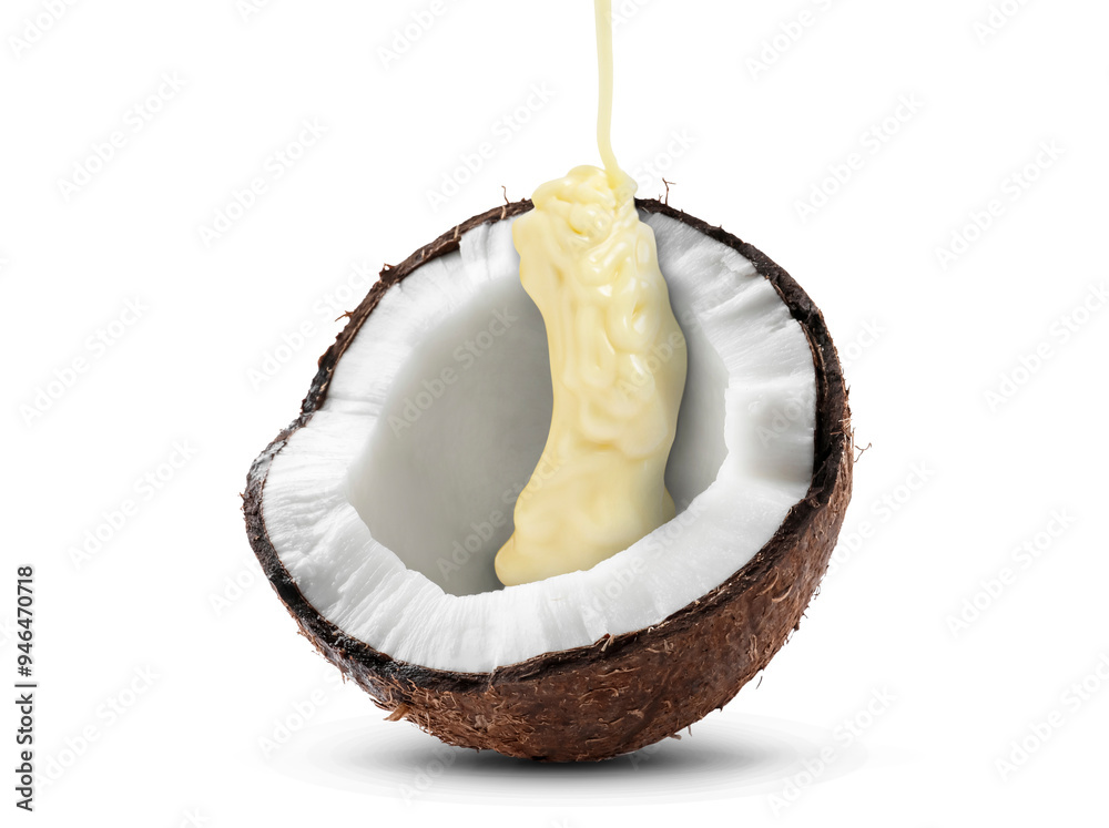 Poster Pouring melted chocolate onto coconut against white background