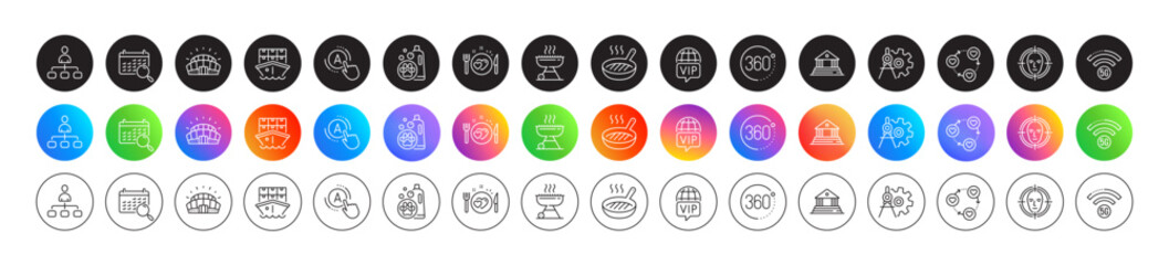 Fototapeta premium Grill pan, Sports stadium and Pet shampoo line icons. Round icon gradient buttons. Pack of 5g wifi, Face detect, Ab testing icon. Management, Friends community, Court building pictogram. Vector