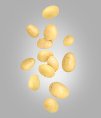 Fresh potatoes in air on grey background