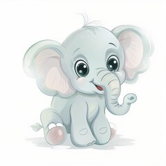 Obraz premium Cute Baby Elephant Cartoon Sitting and Playing with Ball, Joyful Expression, Wide-Open Eyes, Tiny Tuft of Hair, Clean Vector Style, Vibrant Accents, High Contrast