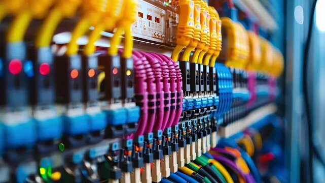 Close up image of network switch with ethernet cables, illuminated indicators, and vibrant glow, showcasing modern connectivity and digital communication
