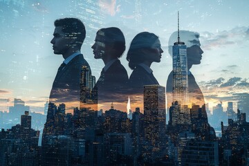 People standing in city skyline double exposure created with Generative AI