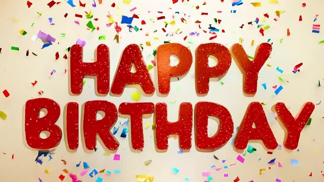 The phrase Happy Birthday in vibrant red stencil style with confetti background