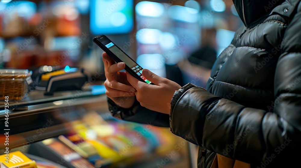 Poster a person making a contactless payment with their mobile phone : generative ai