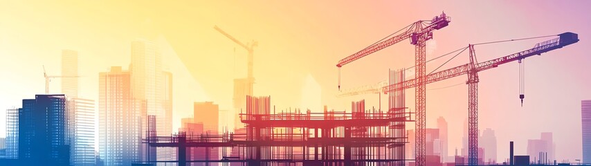 Fototapeta premium A vibrant construction site at sunset, featuring cranes and building frameworks, symbolizing growth and urban development.