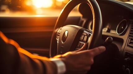 Close up of hands firmly gripping the steering wheel while driving down a sunlit highway