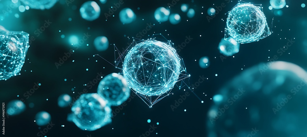 Poster a digital world with floating data spheres and interconnected pathways.