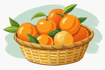 Oranges in a basket, watercolor clipart illustration with isolated background.
