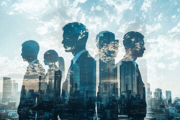People standing in city skyline double exposure created with Generative AI