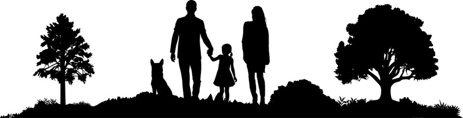 Vektor Silhouette - Glückliche Familie - Vater Tochter Hund Mutter in der Natur - Outdoor - Zusammenhalt