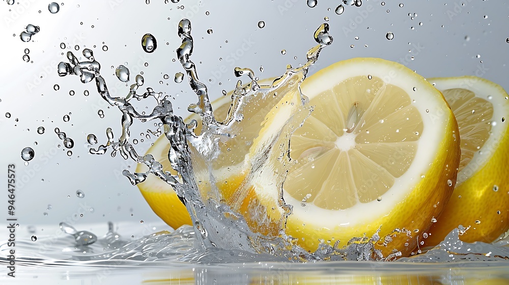 Poster one fresh lemon sliced with watersplash on white background. : generative ai
