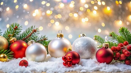 Obraz premium Minimalist stock photography of a Christmas scene with red and gold Christmas balls and sparkling decorations arranged elegantly on a pure white background