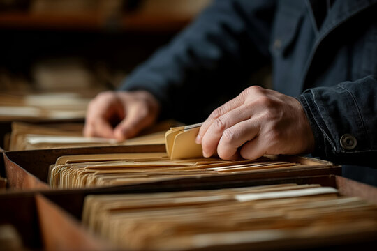 Hands Sorting Through Vintage Files in Library Archive for Research and Documentation