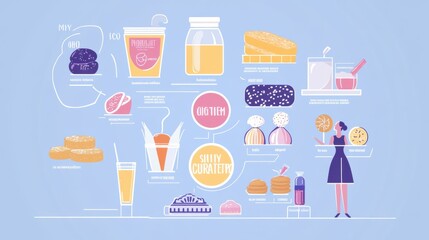 infographic showcasing various food items and nutritional information in a colorful and modern design style