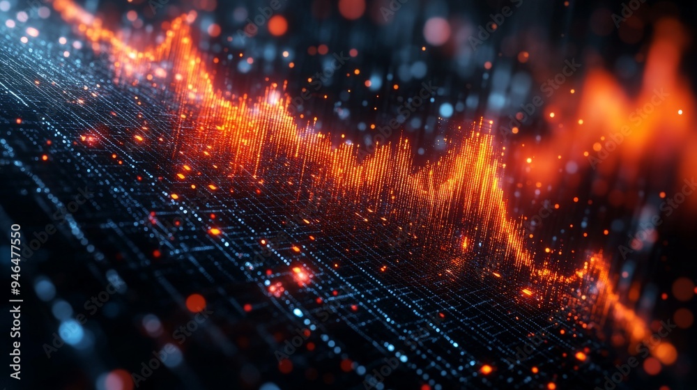 Poster holographic graphs display intricate relationships between data sets, showcasing vibrant colors and 