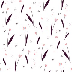 Seamless botanical pattern with cute flowers and grasses