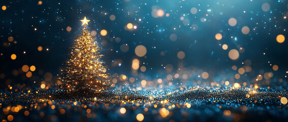 Christmas Tree In Blue Night - Golden Balls With Bokeh Lights In Abstract Background