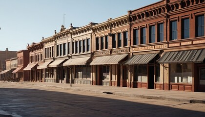 Fototapeta premium A ghostly Western town with tumbleweeds rolling down deserted main streets and empty buildings casting long shadows, depicted in dramatic lighting to convey its eerie and forgotten atmosphere, Generat