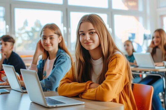 Group of teenage students using laptops in a bright classroom setting, focused on collaborative digital learning activities