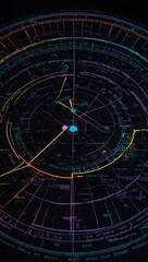 Mystical star chart in neon against a black backdrop