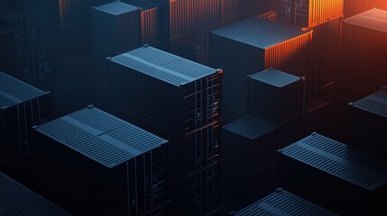 Digital visualization of a connected logistics network, featuring futuristic cargo containers with glowing data points symbolizing traceable shipments