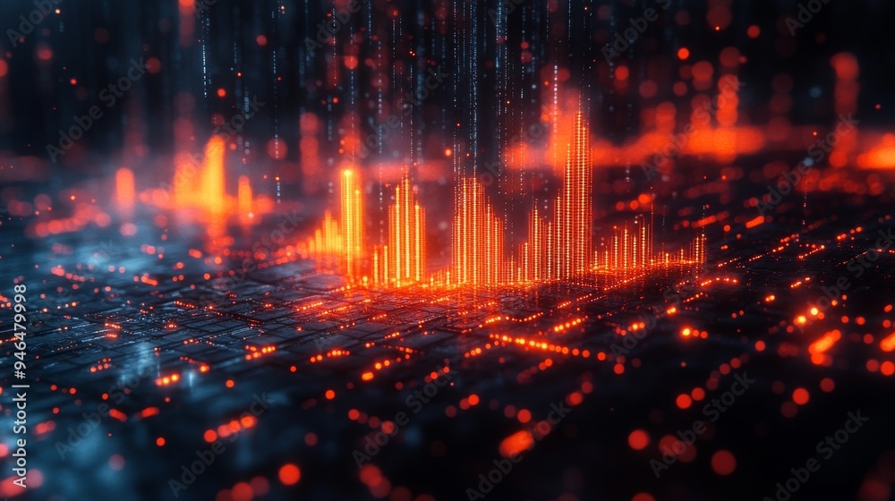 Poster holographic graphs display fluctuating data trends in a vibrant digital environment, showcasing patt