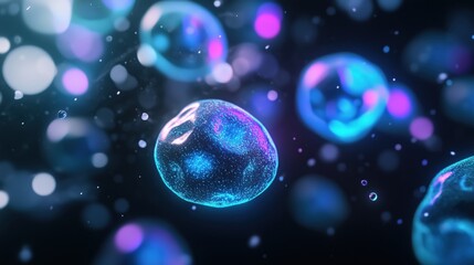 Close-up digital rendering of glowing cells, representing biological processes, molecular biology, or futuristic biotechnology concepts.