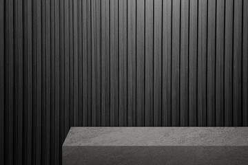 edge of grey slate stone counter with blank space for product montage display with dark black wooden slats at background. border of stone table for decoration in vintage style. front view of table.