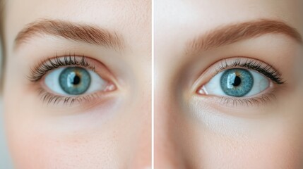 Naklejka premium Close-up comparison of eyes before and after a lash enhancement procedure, showcasing thicker and more defined eyelashes.