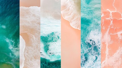 Aerial view of colorful beach waves crashing on sandy shores