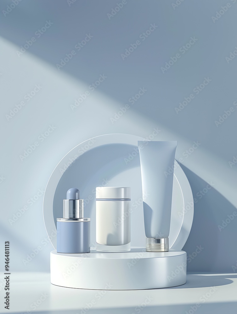 Aufkleber minimalistic 3d cosmetic product display on blue background : generative ai