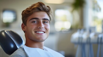 A young man smiles happily while sitting in a dental chair, showcasing a bright smile in a well-lit dental office