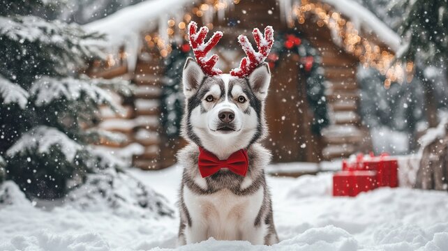 A dog in a festive Christmas setting, surrounded by holiday decorations, embodying the warmth and joy of the season. Perfect for themes of Christmas, pets, and holiday cheer