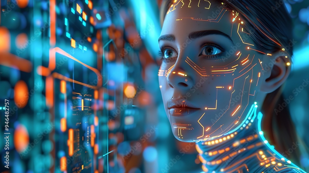 Poster a female ai in a futuristic environment : generative ai