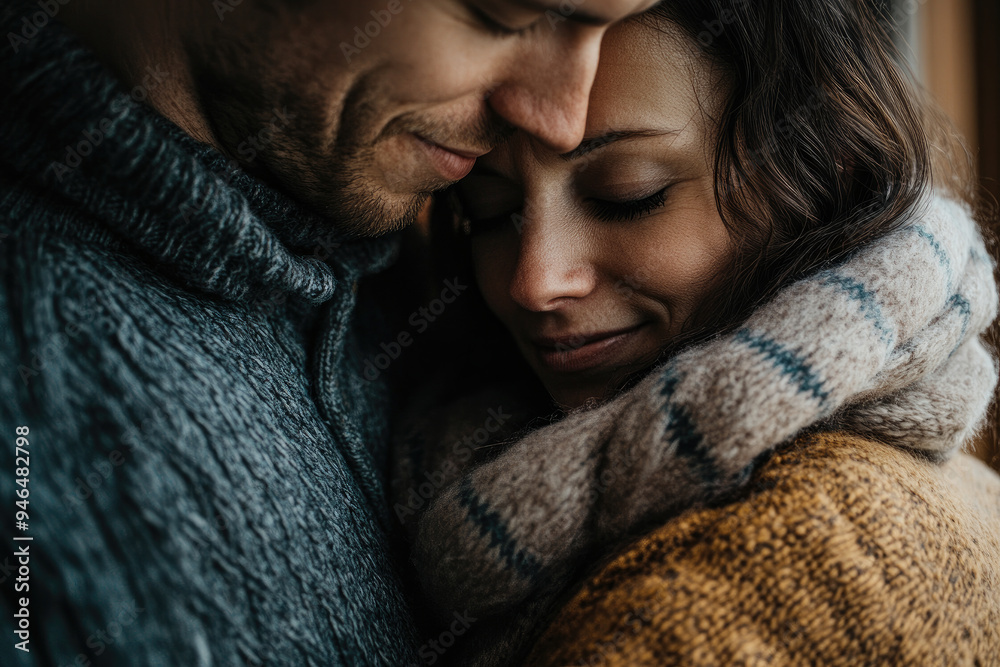 Wall mural cozy couple embracing in warm knitted sweaters