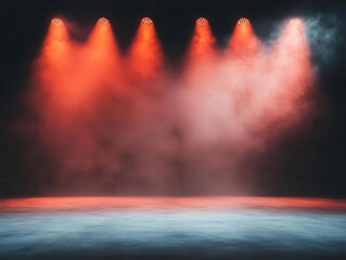 Concert stage with intense spotlights, light flares and smoke effects, high-energy rock concert vibe, vivid contrasts