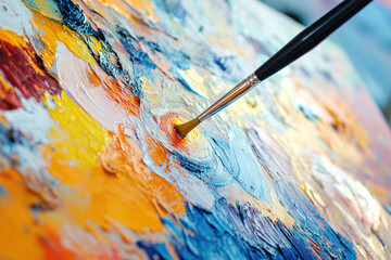 Obraz premium Close-Up of a Paintbrush on a Colorful Abstract Oil Painting