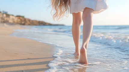 Naklejka premium A serene beach scene with a person walking barefoot along the shoreline, enjoying the gentle waves and warm sun.