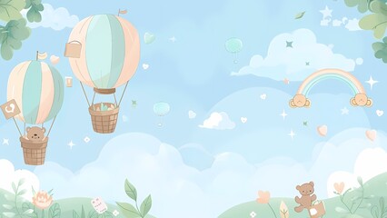 Whimsical Sky Adventure with Teddy Bears and Hot Air Balloons in Pastel Colors