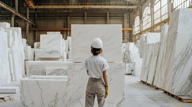 close up worker in marble warehouse