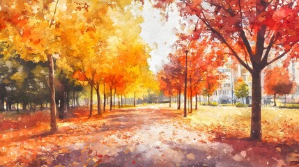 Naklejka premium Autumnal Path with Golden and Red Trees in Watercolor Style