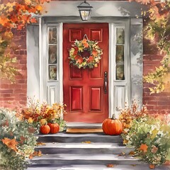 Fototapeta premium Autumn Doorway with Pumpkins and Wreath Watercolor Painting