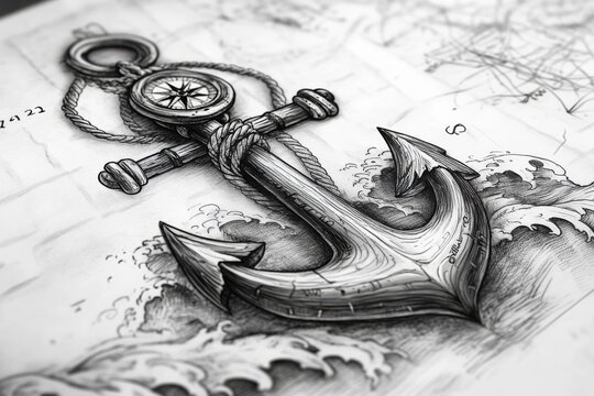 A detailed black and white illustration of an anchor, complete with a compass and ropes, set against a textured background resembling ocean waves and navigation charts