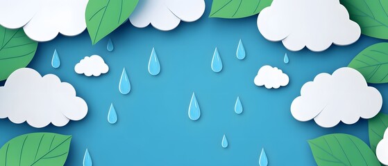 Paper Cutout Clouds  Rain  and Leaves on Blue Background