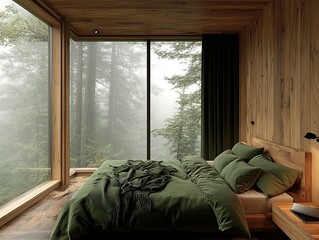 Modern bedroom with green bedding and forest view through large windows, minimalist decor.