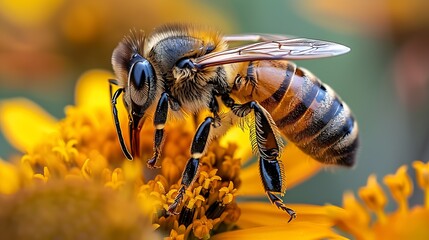 Fototapeta premium A Honey bee sitting on yellow flower : Generative AI