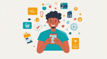 Bright illustration of a joyful man engaging with multiple mobile apps on smartphone, surrounded by colorful app icons and symbols