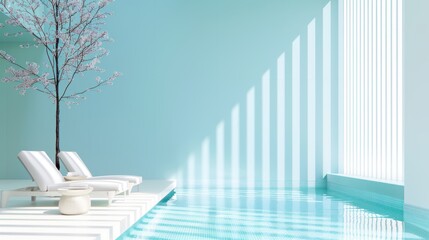 A modern spa decorated in soft blue shades, featuring minimalistic furnishings and ample copy space for personalized messages.