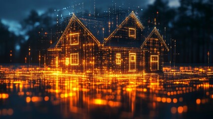 Holographic icons surround a digital house, showcasing innovative financial technologies in real estate and investment sectors.