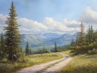 Majestic Mountain Road: Serene Path through Pine Trees with Towering Peaks in Background